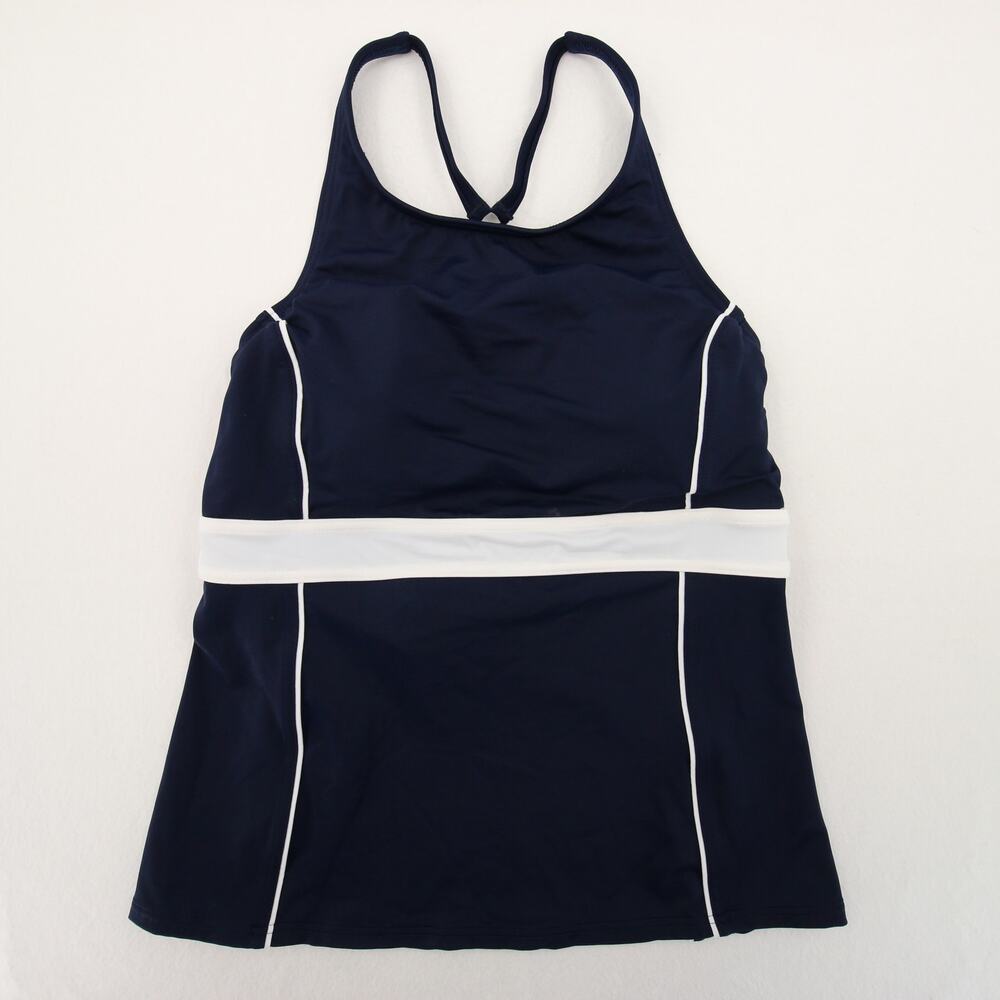 Lands End Tankini Top Navy Blue White Sport Racerback Scoop Neck Built-In Bra 10